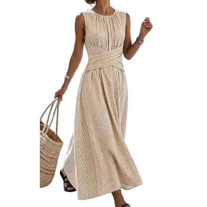👗KORLÁTOZOTT IDEIG 50% KEDVEZMÉNY! Női csíkos ujjatlan maxi ruha derékdíszítéssel