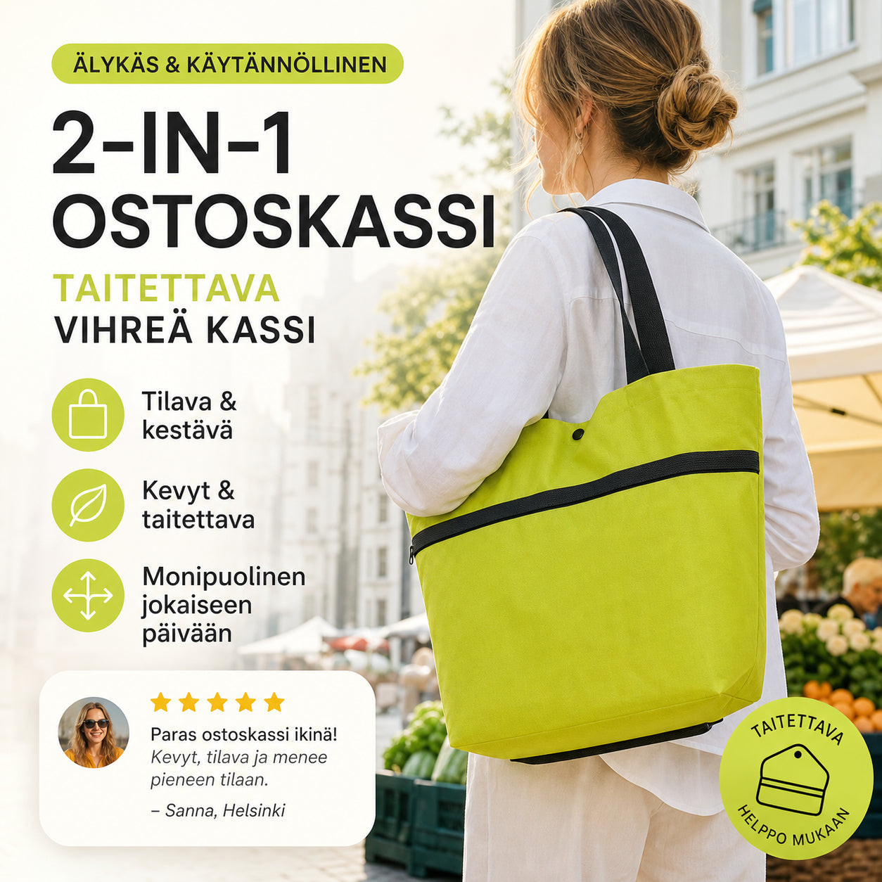 2 az 1-ben bevásárlószatyor, összecsukható zöld szatyor