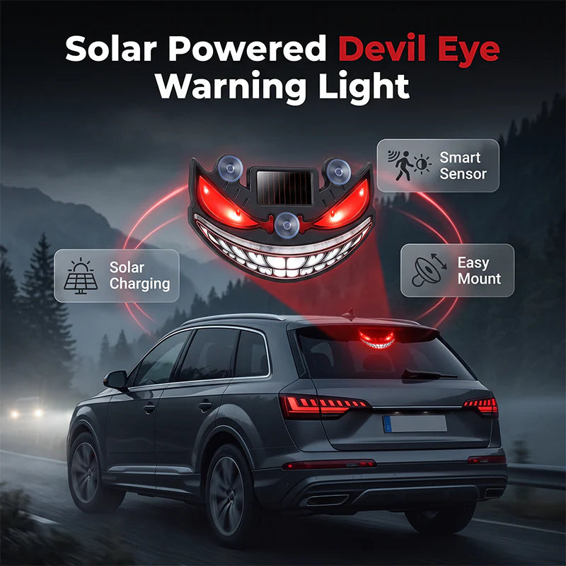 🚗✨ Napelemes ördögszem LED autó figyelmeztető fény –🔋 Rezgésérzékelővel, USB és napelemes töltéssel, univerzális illeszkedés 😈
