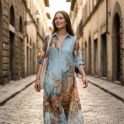🌸Elegáns, retró mintás női maxi ruha