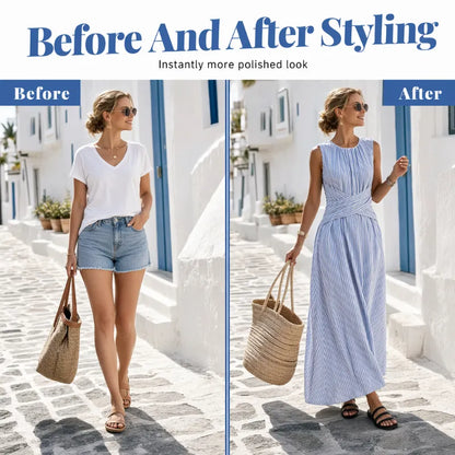 👗KORLÁTOZOTT IDEIG 50% KEDVEZMÉNY! Női csíkos ujjatlan maxi ruha derékdíszítéssel