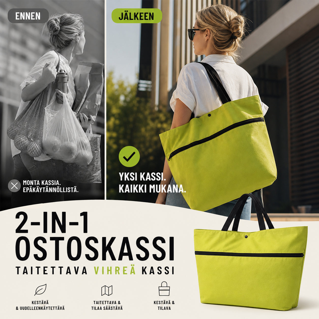 2 az 1-ben bevásárlószatyor, összecsukható zöld szatyor