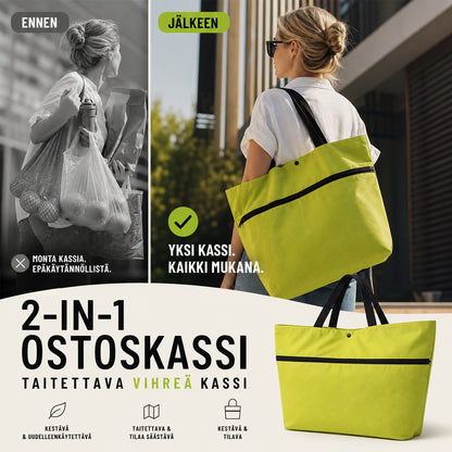 2 az 1-ben bevásárlószatyor, összecsukható zöld szatyor