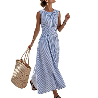 👗KORLÁTOZOTT IDEIG 50% KEDVEZMÉNY! Női csíkos ujjatlan maxi ruha derékdíszítéssel