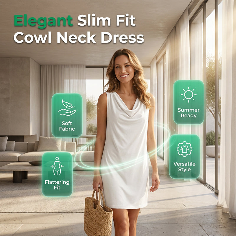 Elegáns, ujjatlan, cowl-nyakú ruha