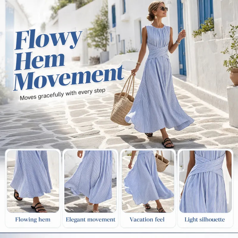 👗KORLÁTOZOTT IDEIG 50% KEDVEZMÉNY! Női csíkos ujjatlan maxi ruha derékdíszítéssel
