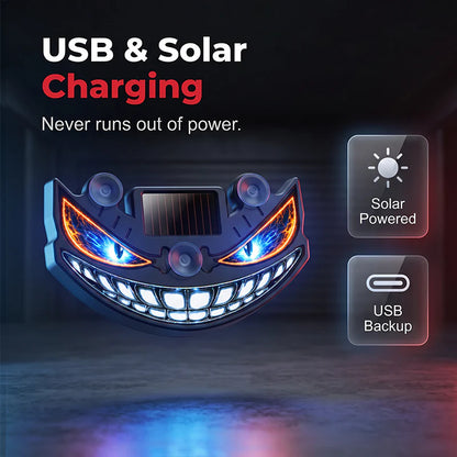 🚗✨ Napelemes ördögszem LED autó figyelmeztető fény –🔋 Rezgésérzékelővel, USB és napelemes töltéssel, univerzális illeszkedés 😈