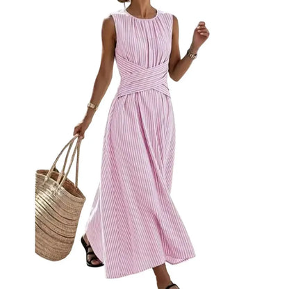 👗KORLÁTOZOTT IDEIG 50% KEDVEZMÉNY! Női csíkos ujjatlan maxi ruha derékdíszítéssel